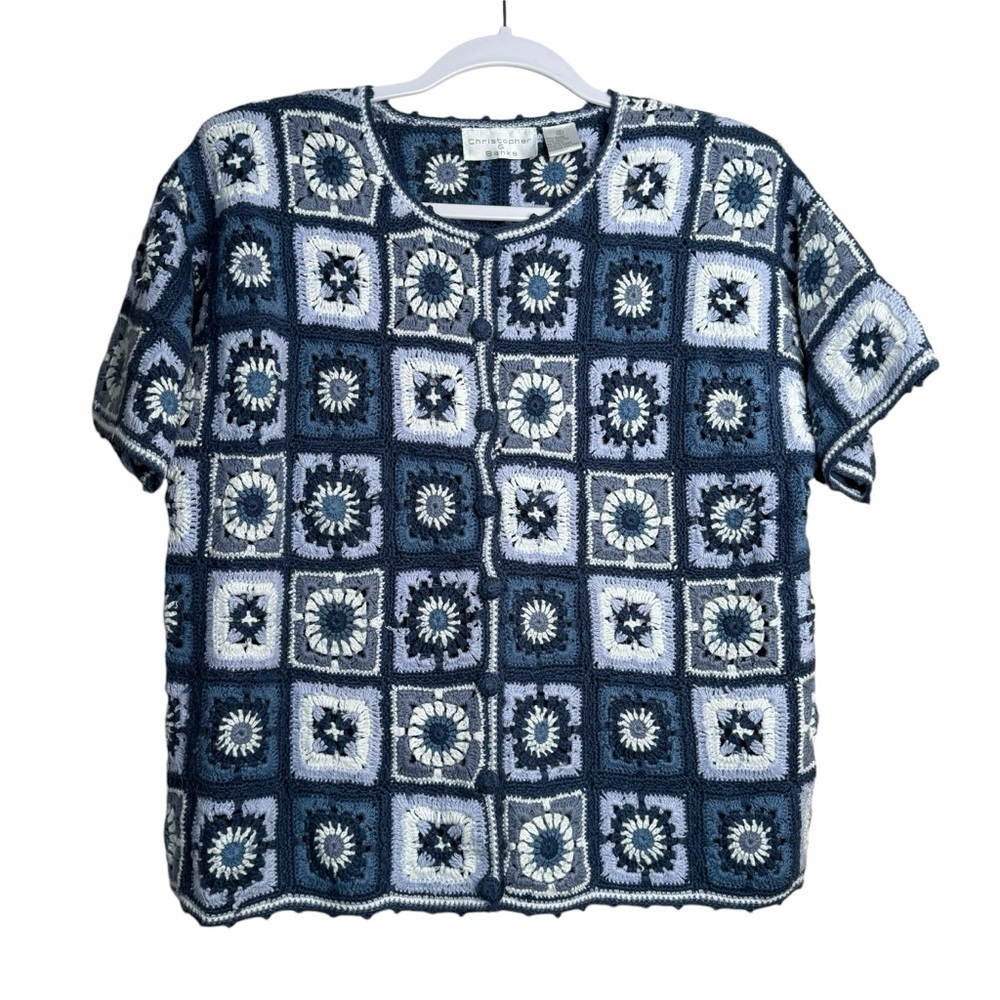 Christopher & Banks Granny Square Crochet Cardigan Sweater Short Sleeve S Blue